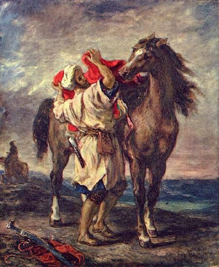 Eugene Delacroix Marokkaner beim Satteln seines Pferdes oil painting image